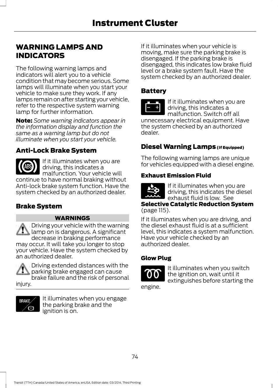 Warning lamps and indicators, Instrument cluster | FORD 2015 Transit v.2 User Manual | Page 77 / 467