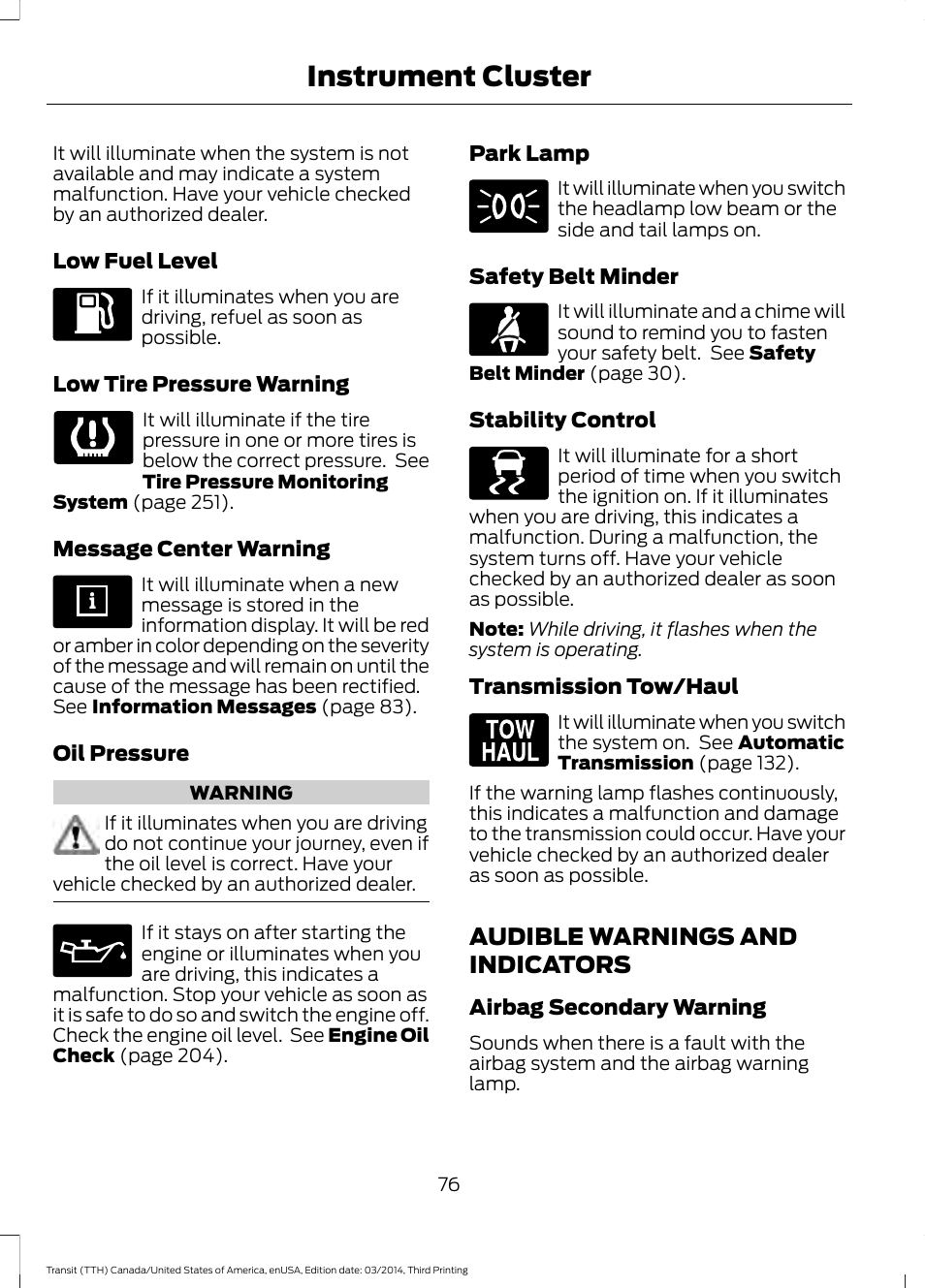 Audible warnings and indicators, Instrument cluster | FORD 2015 Transit v.2 User Manual | Page 79 / 467