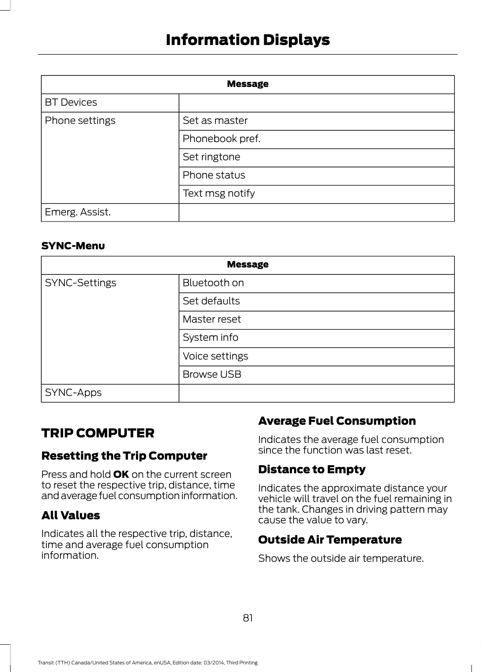 Trip computer, Information displays | FORD 2015 Transit v.2 User Manual | Page 84 / 467