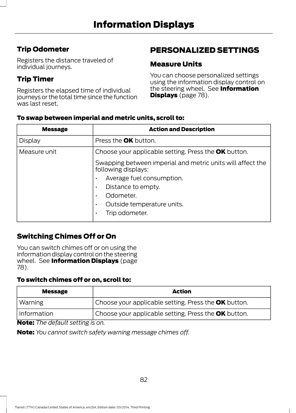 Personalized settings, Information displays | FORD 2015 Transit v.2 User Manual | Page 85 / 467