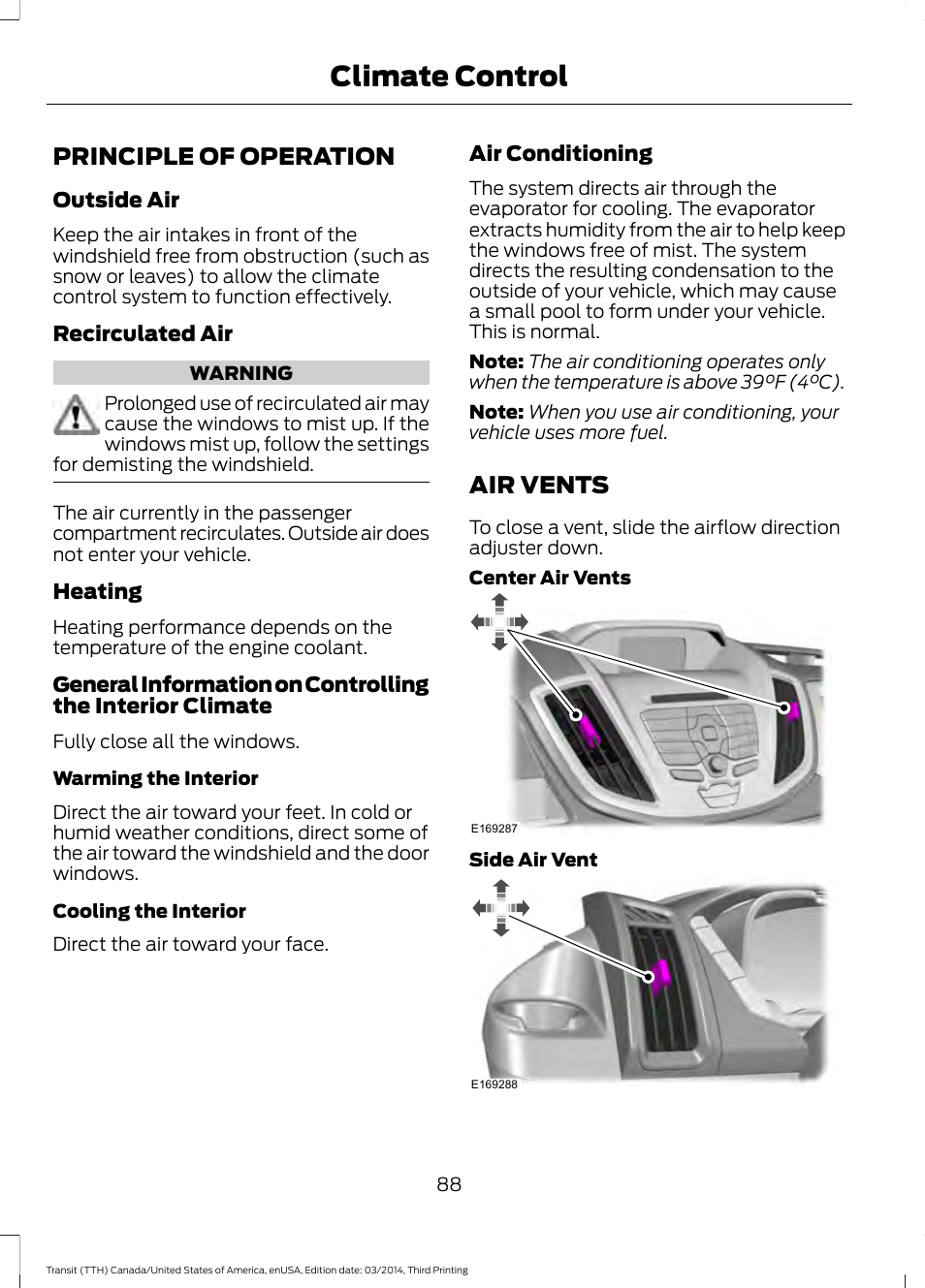 Climate control, Principle of operation, Air vents | Principle of operation air vents | FORD 2015 Transit v.2 User Manual | Page 91 / 467