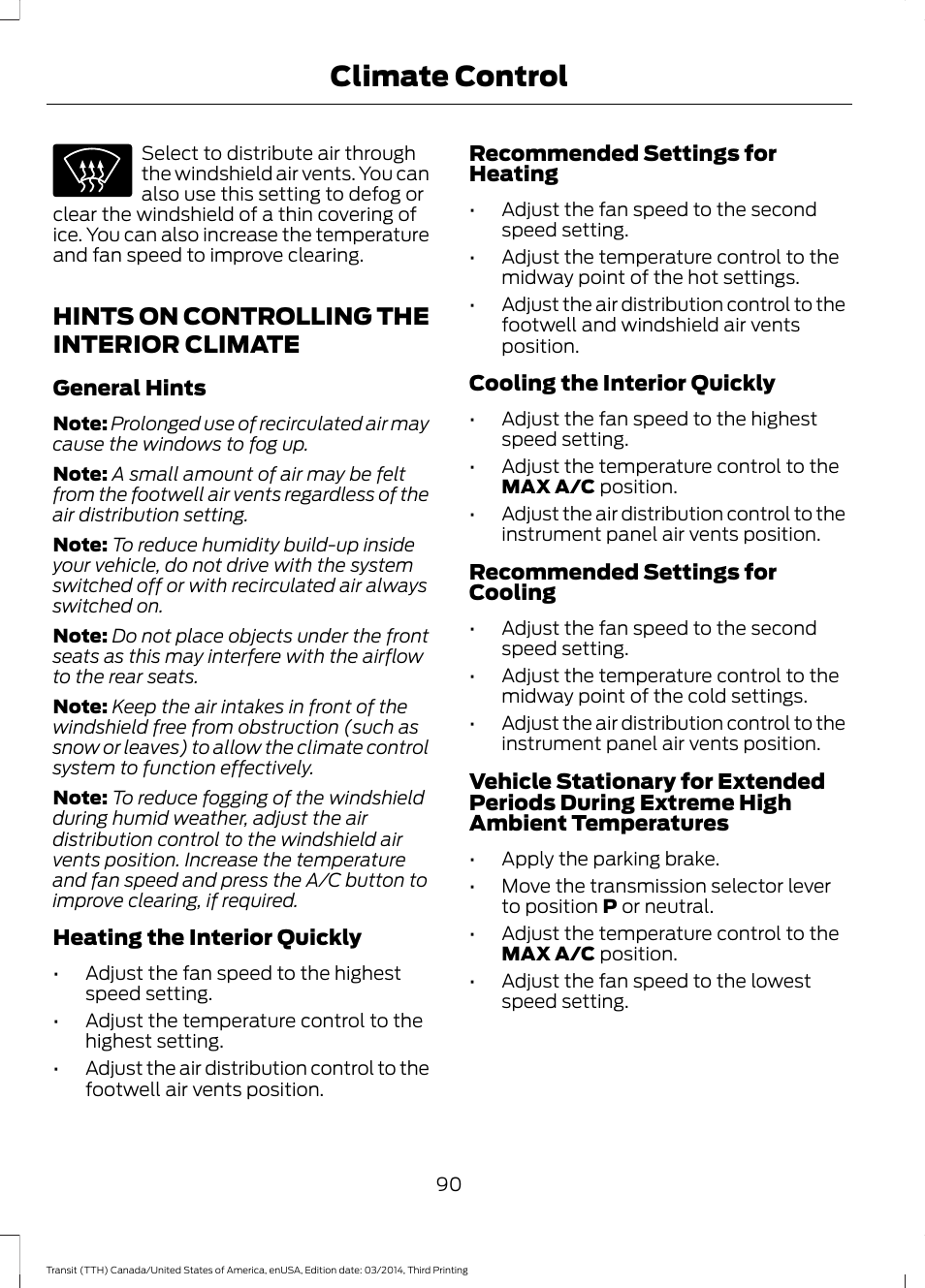 Hints on controlling the interior climate, Hints on controlling the interior, Climate | Climate control | FORD 2015 Transit v.2 User Manual | Page 93 / 467