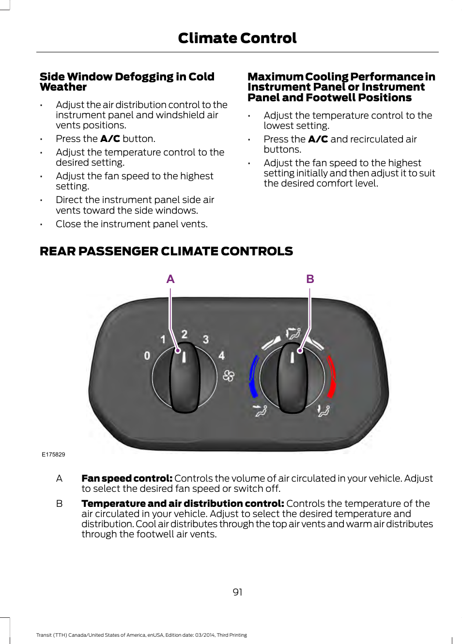 Rear passenger climate controls, Climate control | FORD 2015 Transit v.2 User Manual | Page 94 / 467