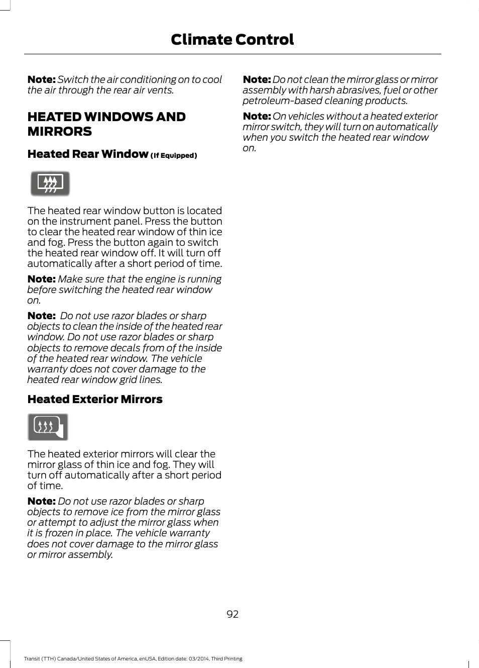 Heated windows and mirrors, Climate control | FORD 2015 Transit v.2 User Manual | Page 95 / 467