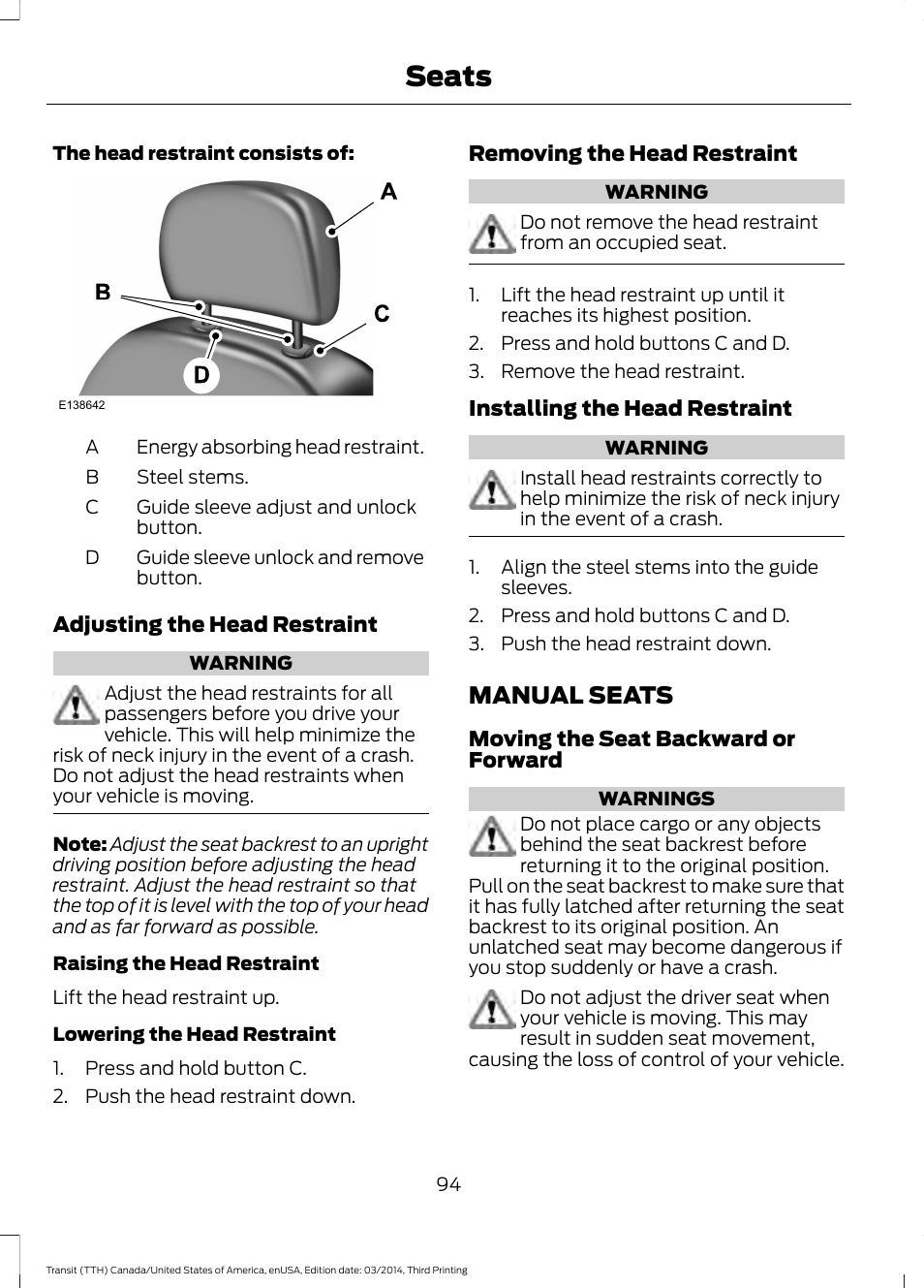 Manual seats, Seats | FORD 2015 Transit v.2 User Manual | Page 97 / 467