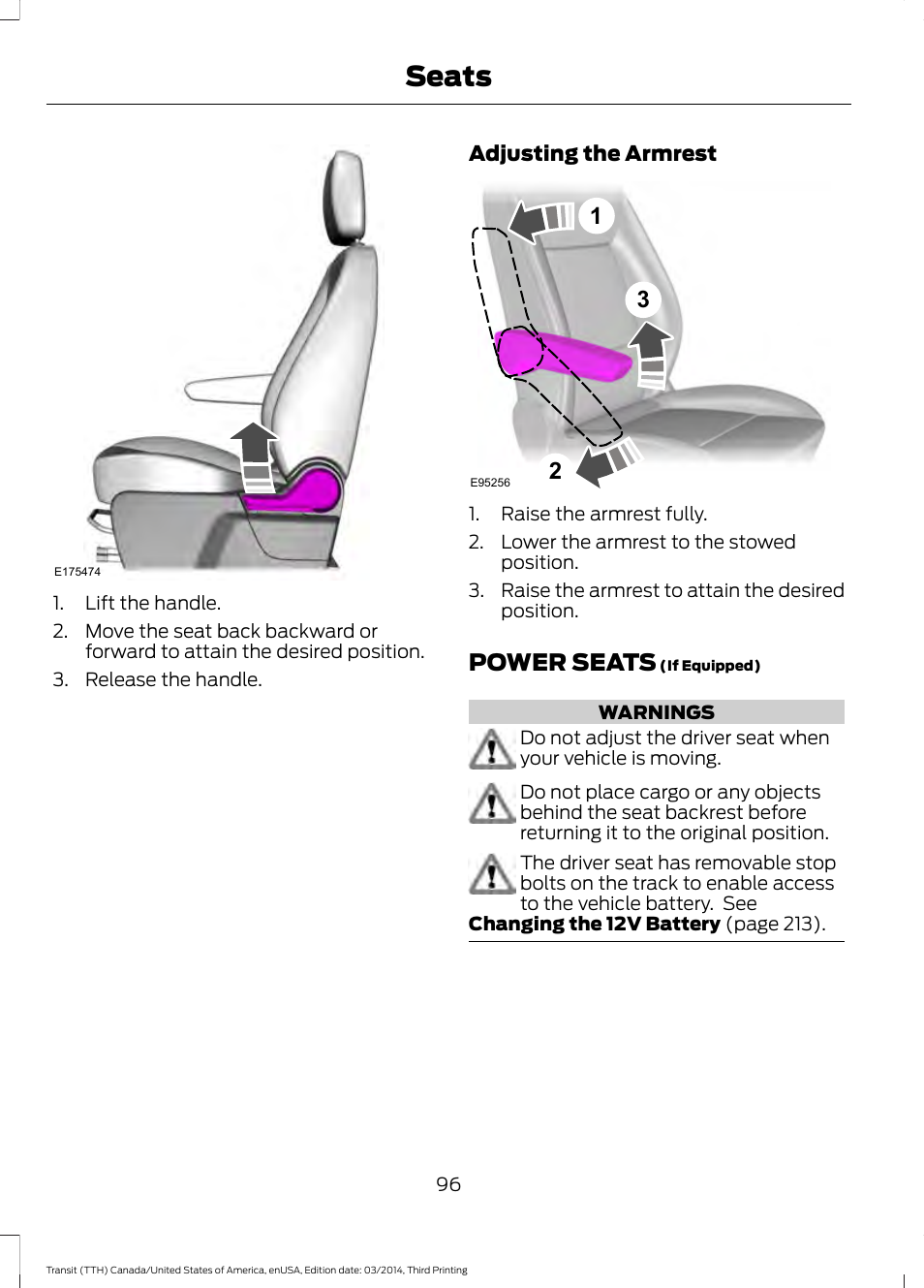 Power seats, Seats | FORD 2015 Transit v.2 User Manual | Page 99 / 467