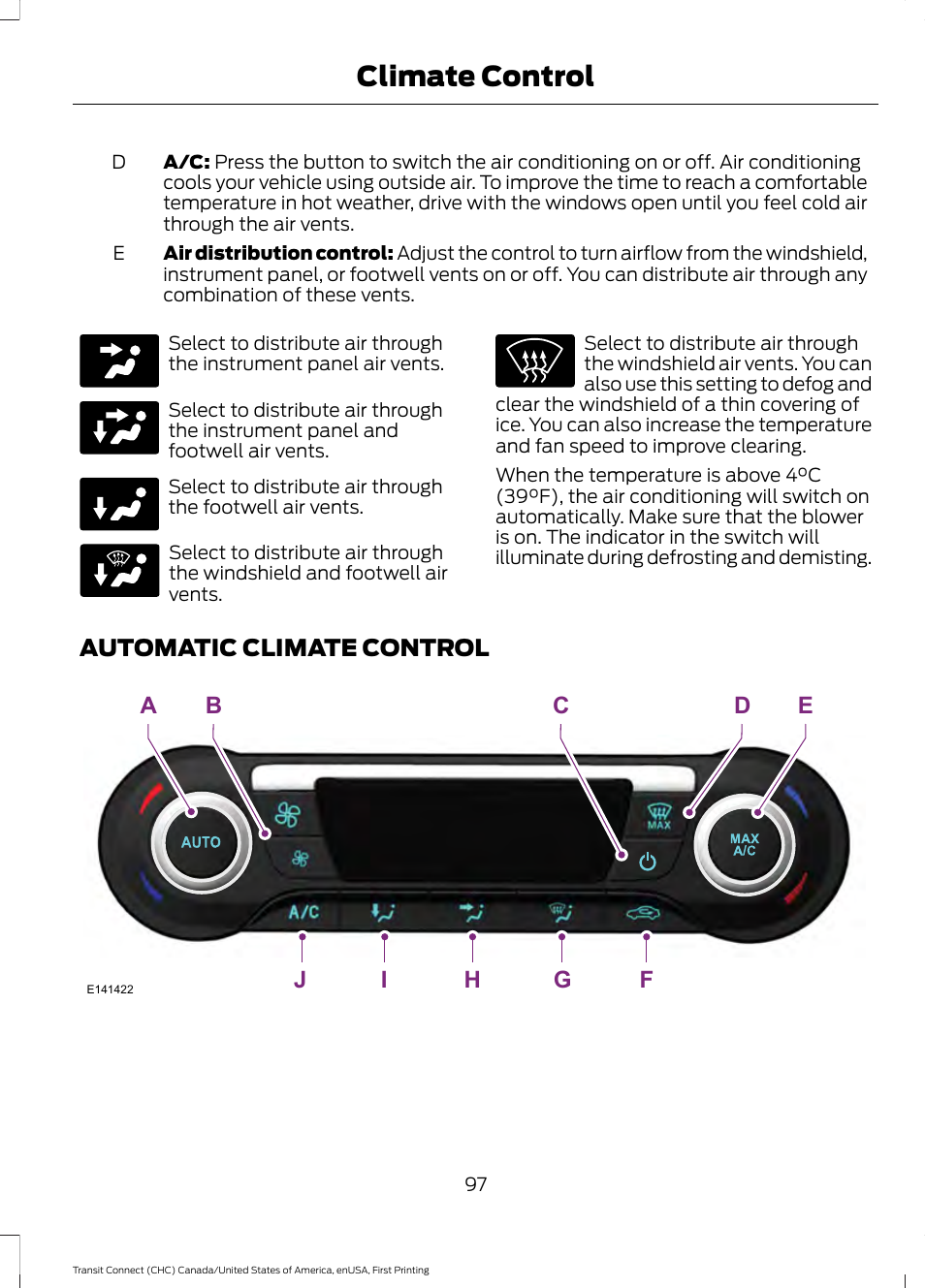 Automatic climate control, Climate control | FORD 2015 Transit Connect User Manual | Page 100 / 428