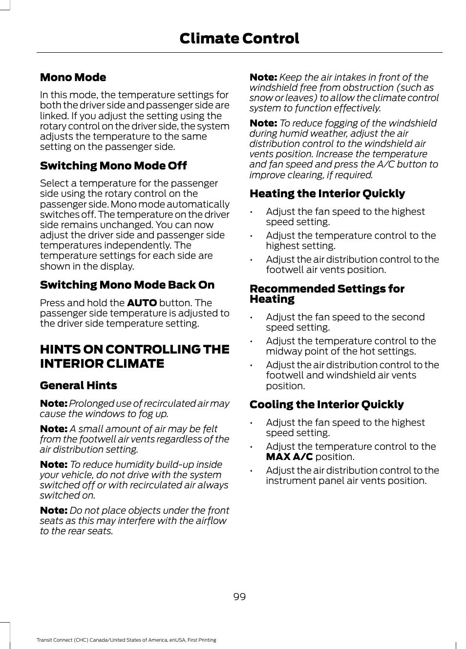 Hints on controlling the interior climate, Hints on controlling the interior, Climate | Climate control | FORD 2015 Transit Connect User Manual | Page 102 / 428