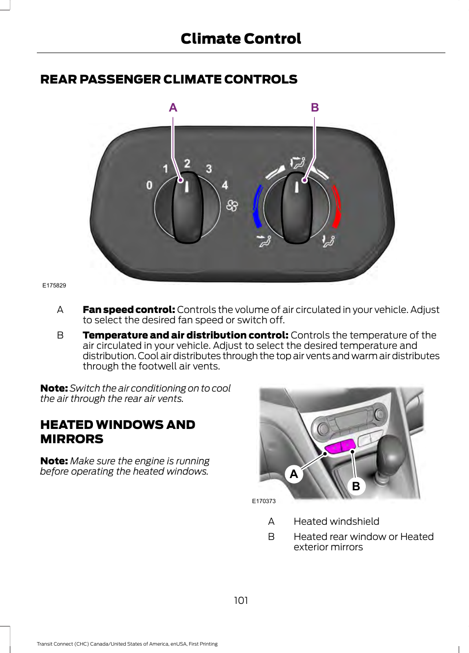 Rear passenger climate controls, Heated windows and mirrors, Climate control | FORD 2015 Transit Connect User Manual | Page 104 / 428