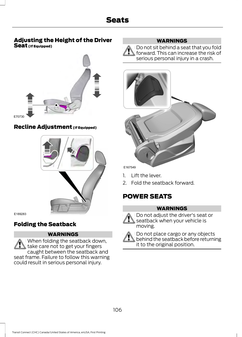 Power seats, Seats | FORD 2015 Transit Connect User Manual | Page 109 / 428