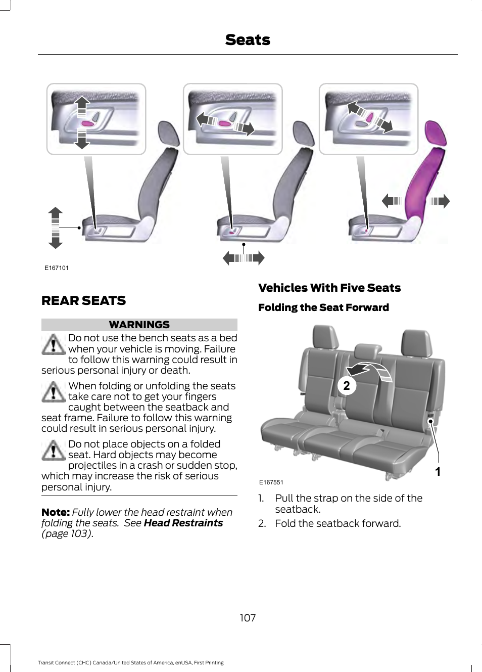 Rear seats, Seats | FORD 2015 Transit Connect User Manual | Page 110 / 428