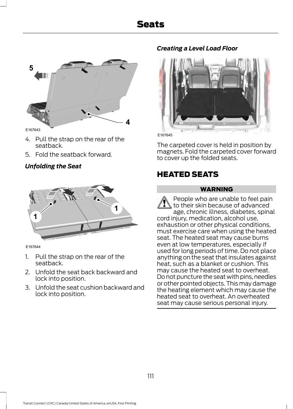 Heated seats, Seats | FORD 2015 Transit Connect User Manual | Page 114 / 428