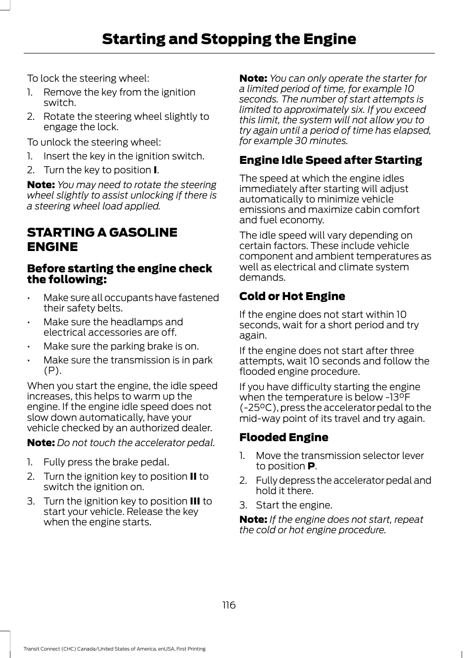 Starting a gasoline engine, Starting and stopping the engine | FORD 2015 Transit Connect User Manual | Page 119 / 428