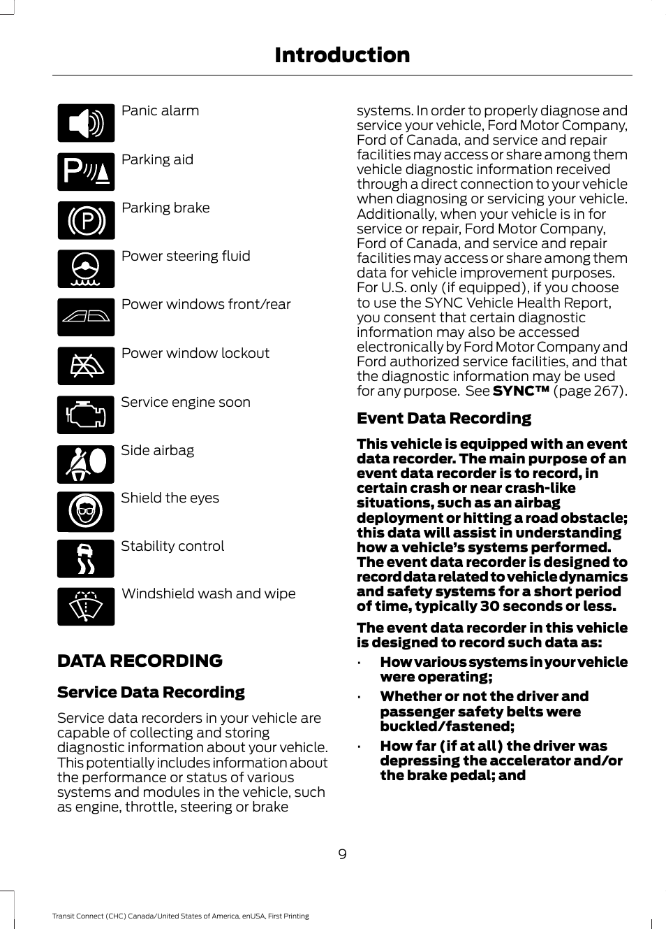 Data recording, Introduction | FORD 2015 Transit Connect User Manual | Page 12 / 428