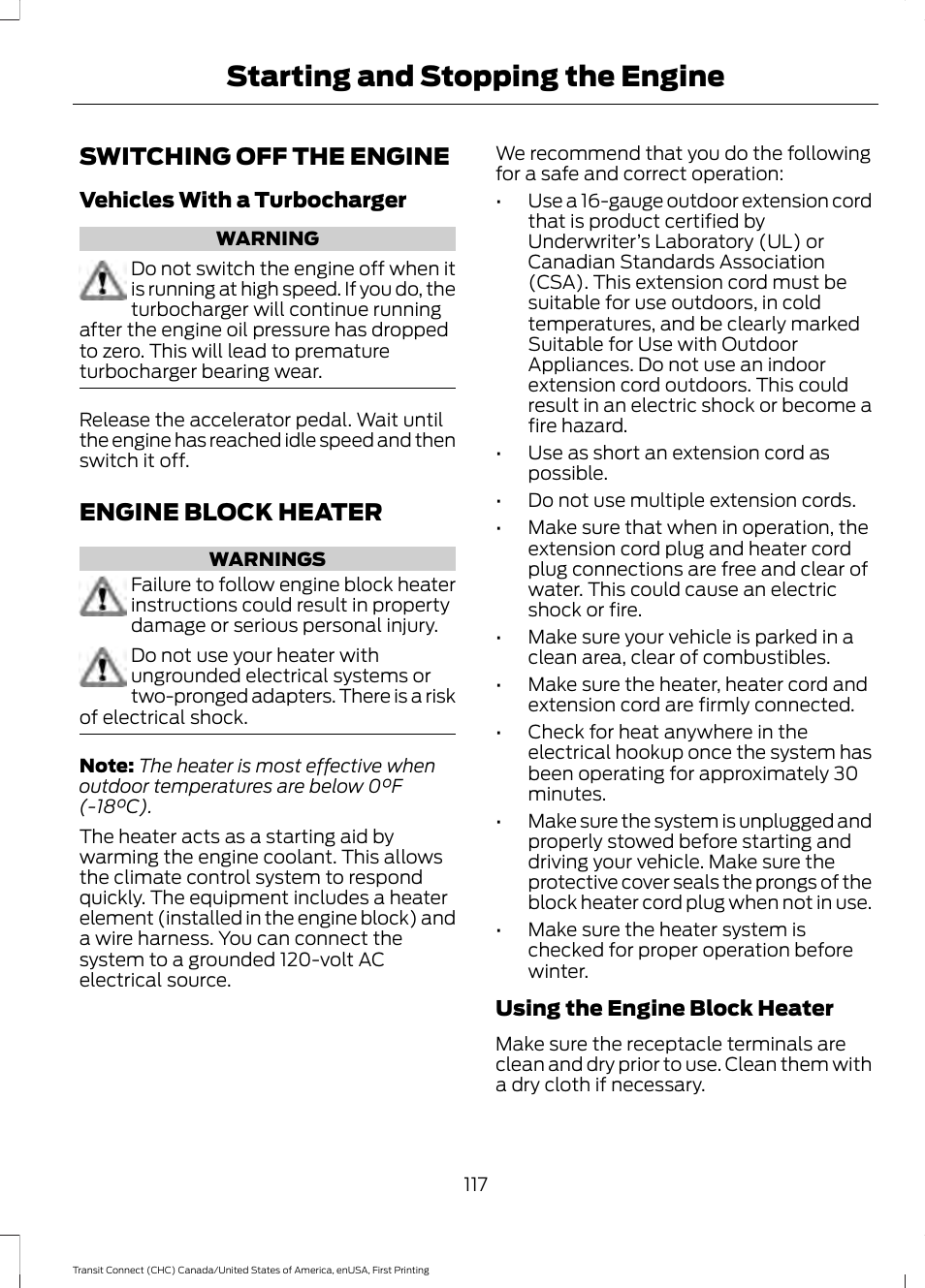 Switching off the engine, Engine block heater, Starting and stopping the engine | FORD 2015 Transit Connect User Manual | Page 120 / 428