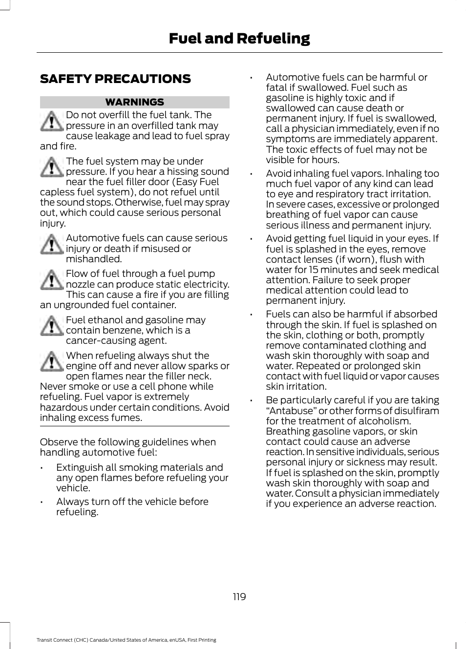 Fuel and refueling, Safety precautions | FORD 2015 Transit Connect User Manual | Page 122 / 428