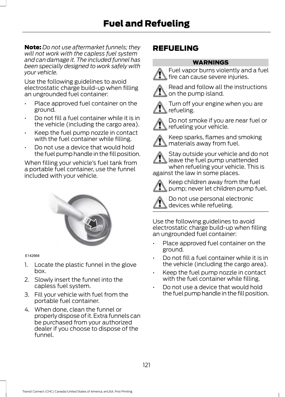 Refueling, Fuel and refueling | FORD 2015 Transit Connect User Manual | Page 124 / 428