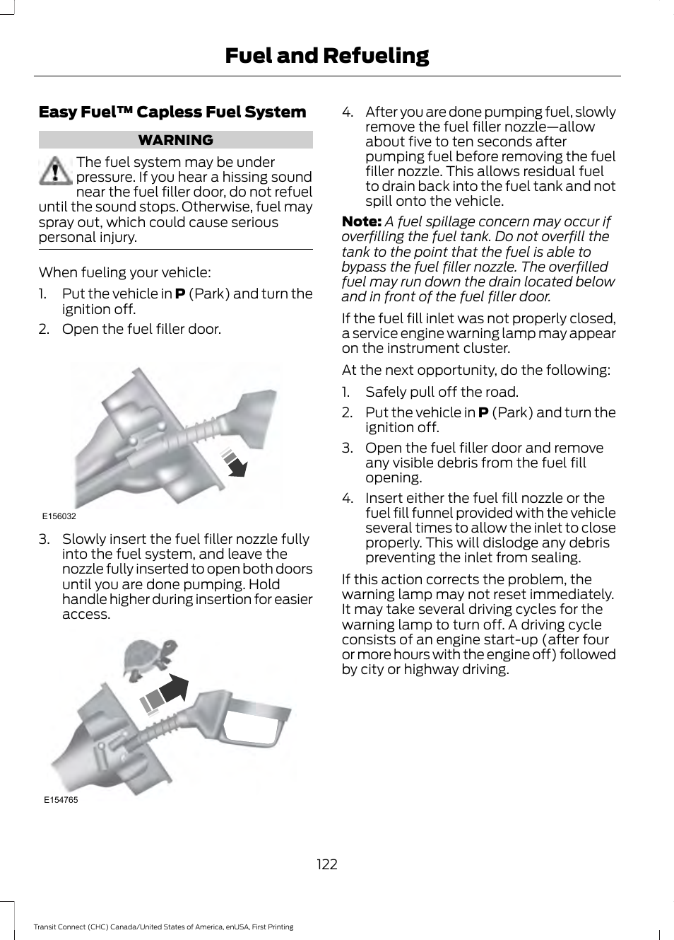Fuel and refueling | FORD 2015 Transit Connect User Manual | Page 125 / 428