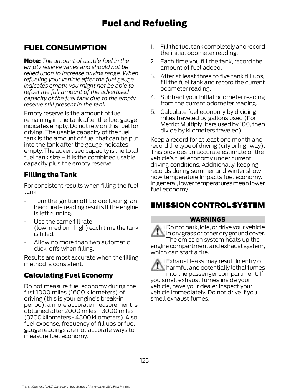 Fuel consumption, Emission control system, Fuel consumption emission control system | Fuel and refueling | FORD 2015 Transit Connect User Manual | Page 126 / 428