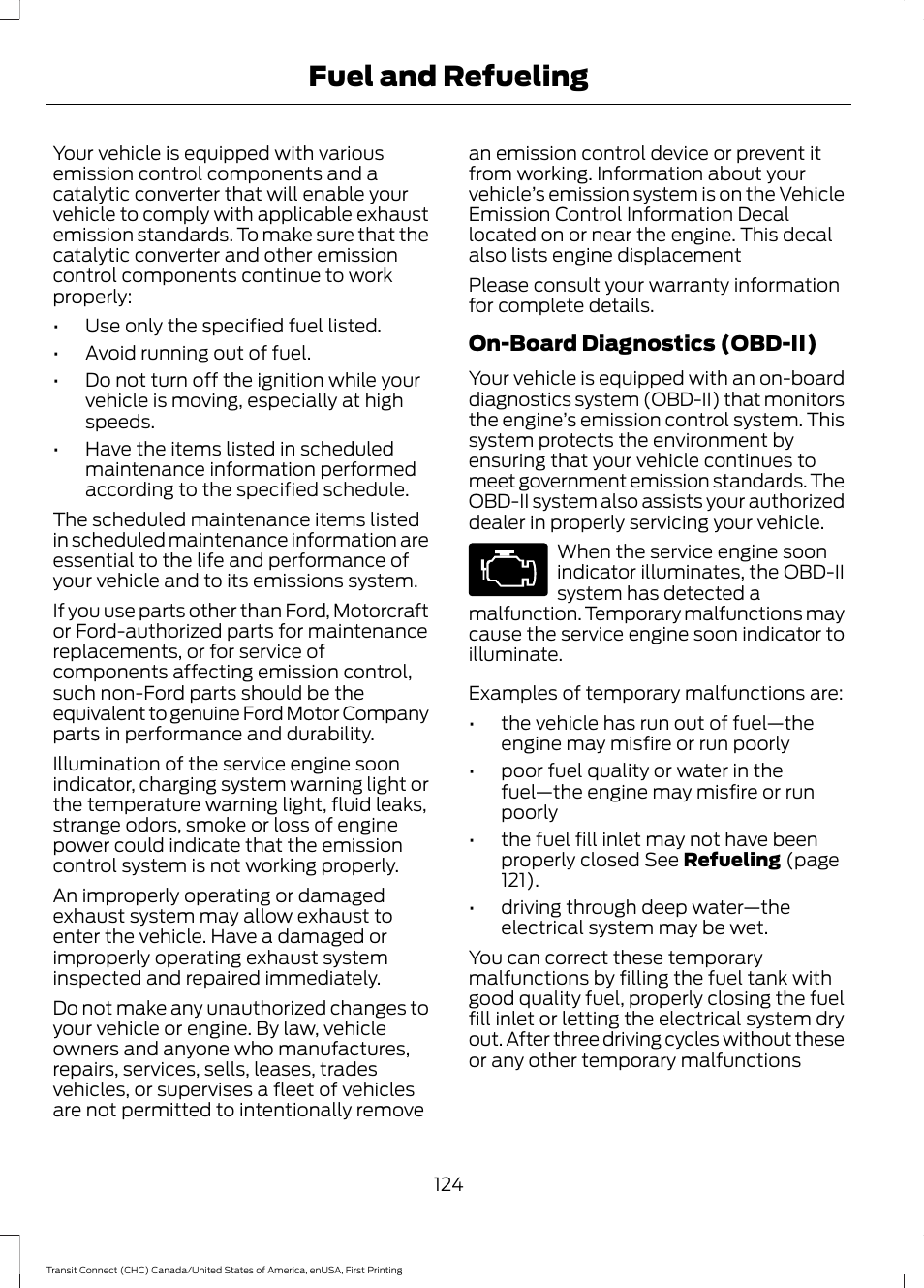 Fuel and refueling | FORD 2015 Transit Connect User Manual | Page 127 / 428