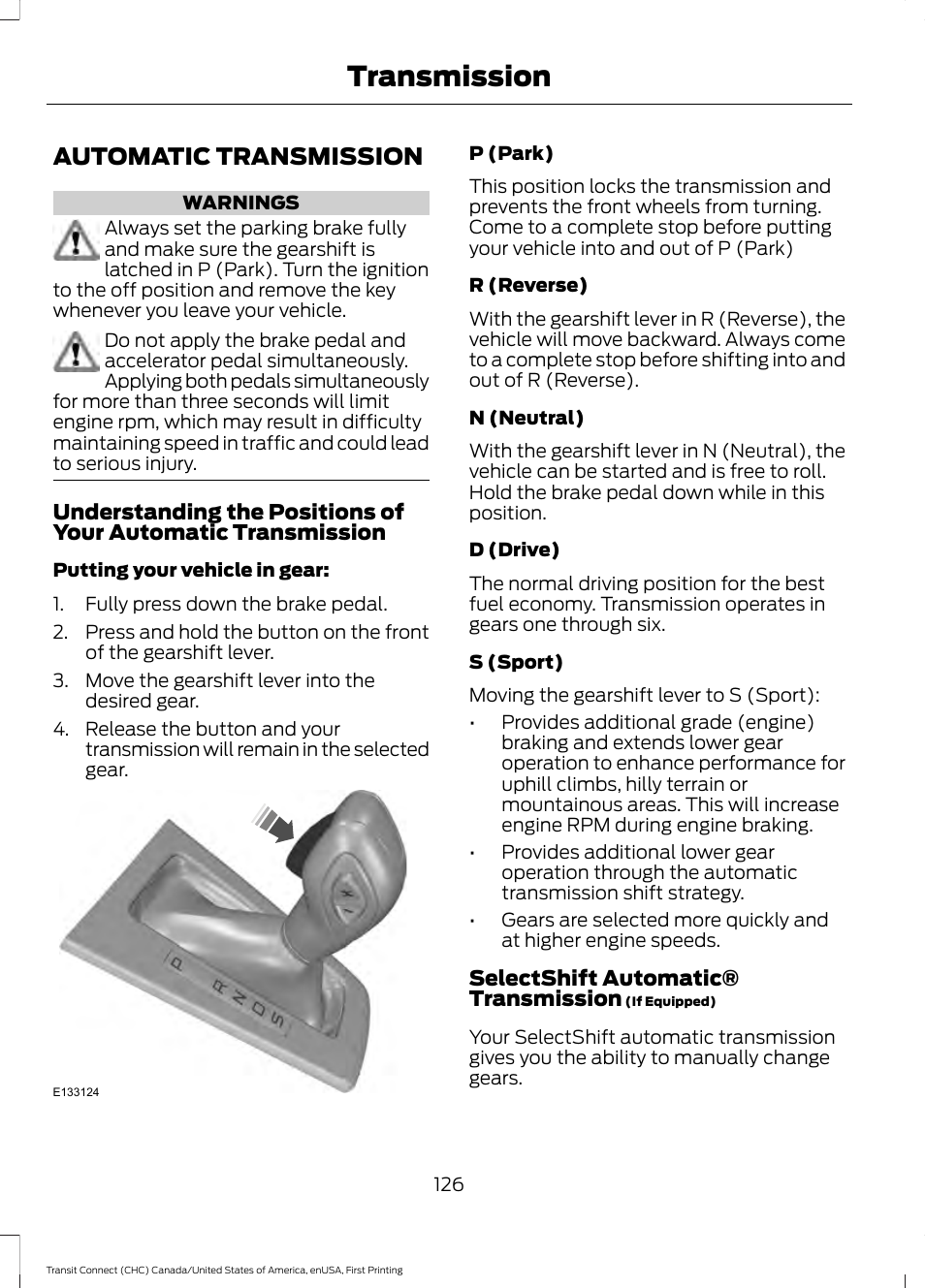 Transmission, Automatic transmission | FORD 2015 Transit Connect User Manual | Page 129 / 428