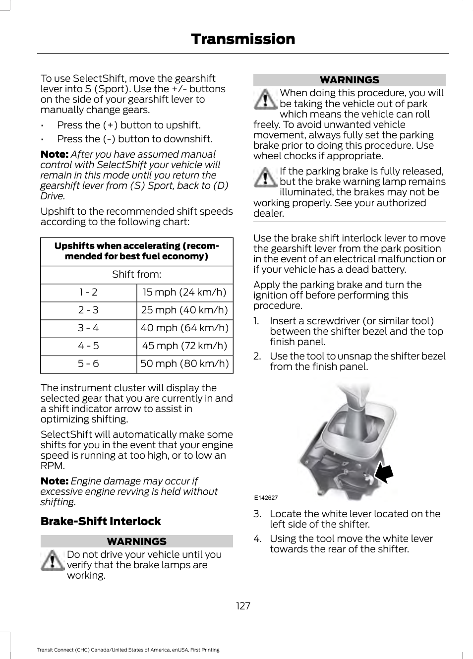 Transmission | FORD 2015 Transit Connect User Manual | Page 130 / 428