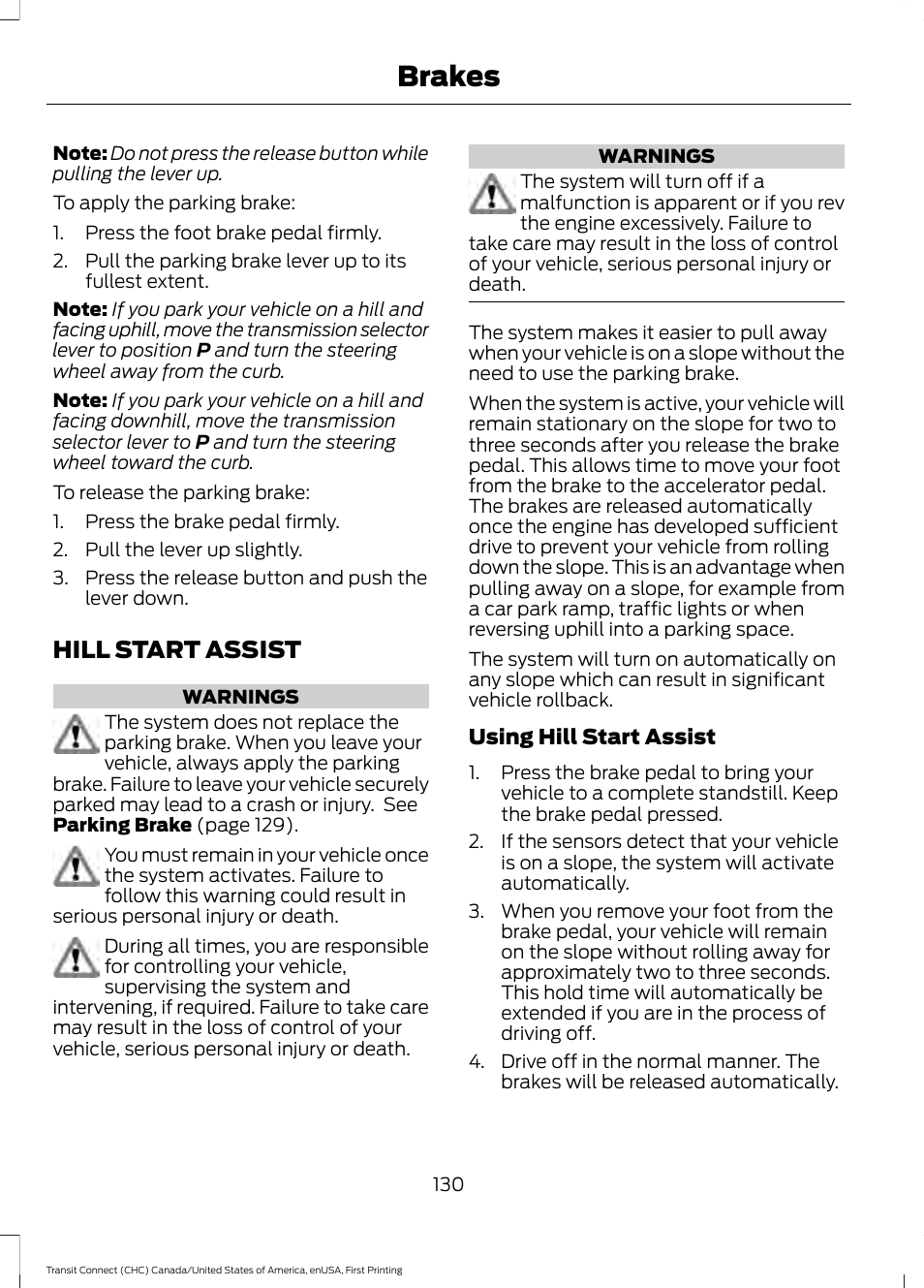 Hill start assist, Brakes | FORD 2015 Transit Connect User Manual | Page 133 / 428