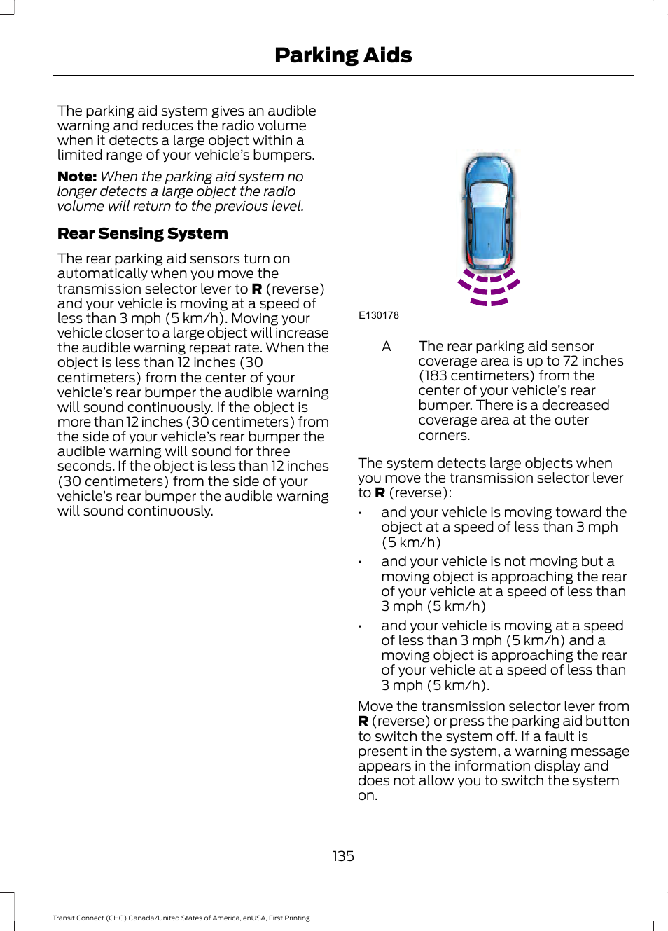 Parking aids | FORD 2015 Transit Connect User Manual | Page 138 / 428