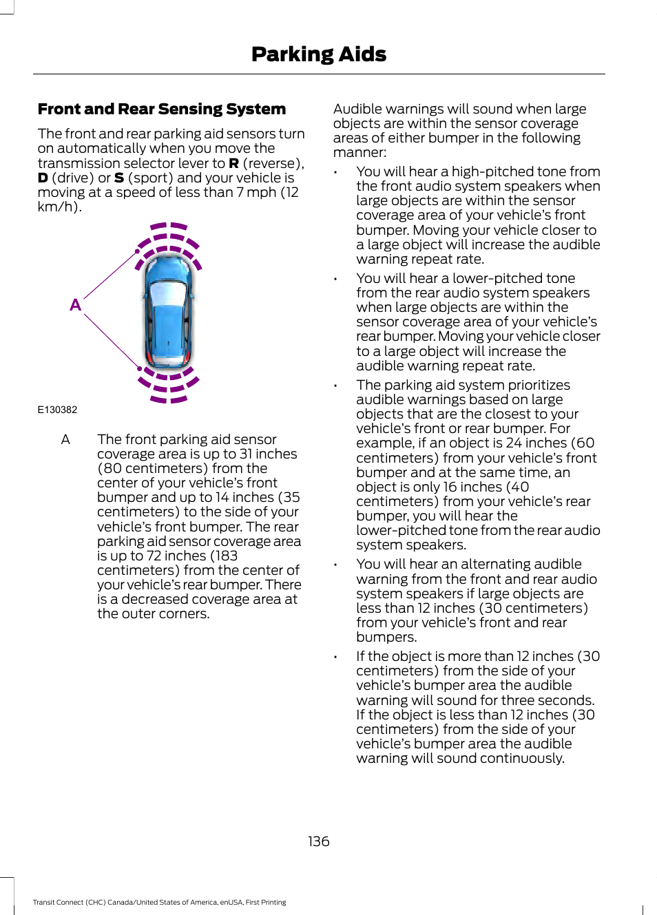 Parking aids | FORD 2015 Transit Connect User Manual | Page 139 / 428