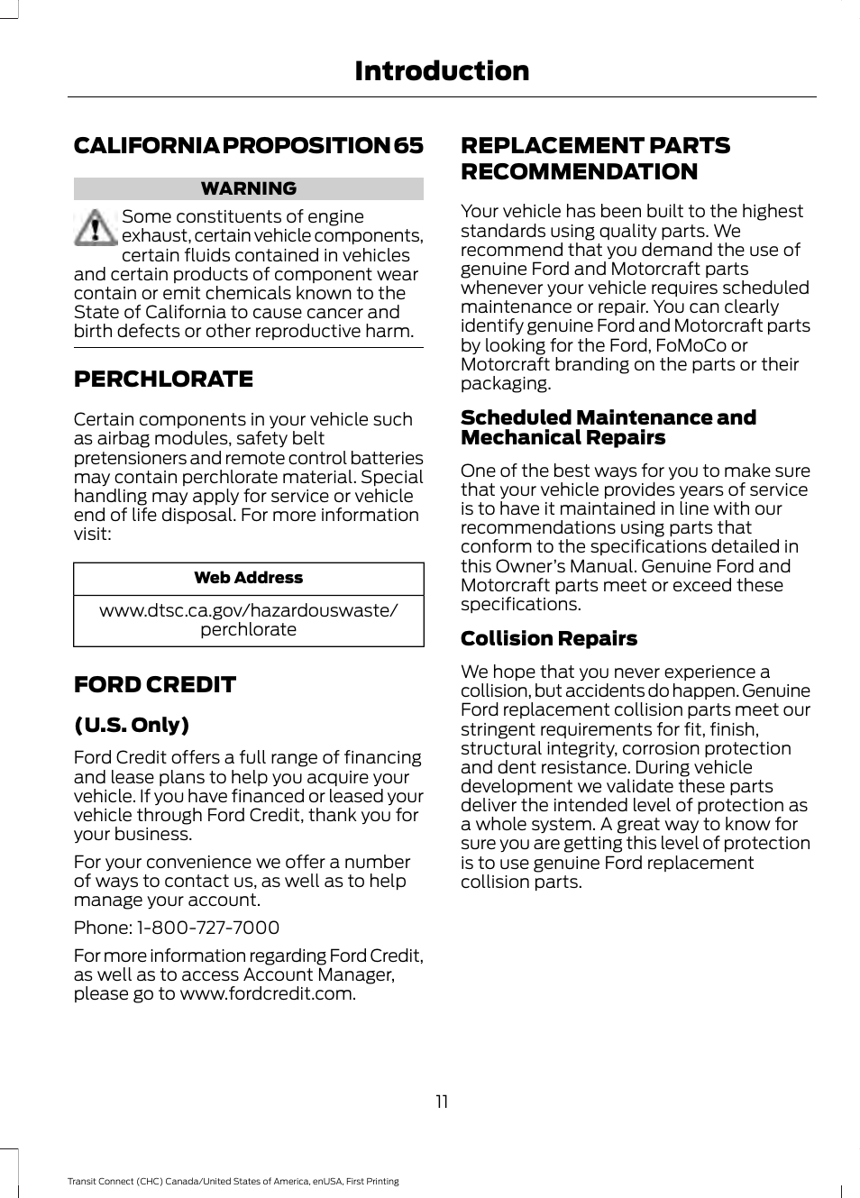 California proposition 65, Perchlorate, Ford credit | Replacement parts recommendation, Recommendation, Introduction | FORD 2015 Transit Connect User Manual | Page 14 / 428