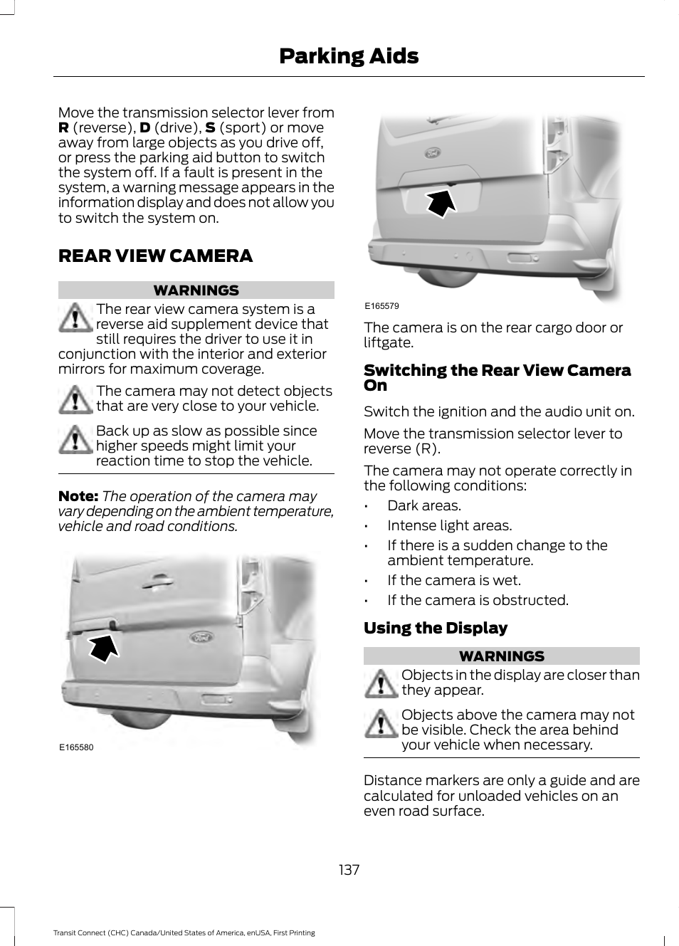 Rear view camera, Parking aids | FORD 2015 Transit Connect User Manual | Page 140 / 428