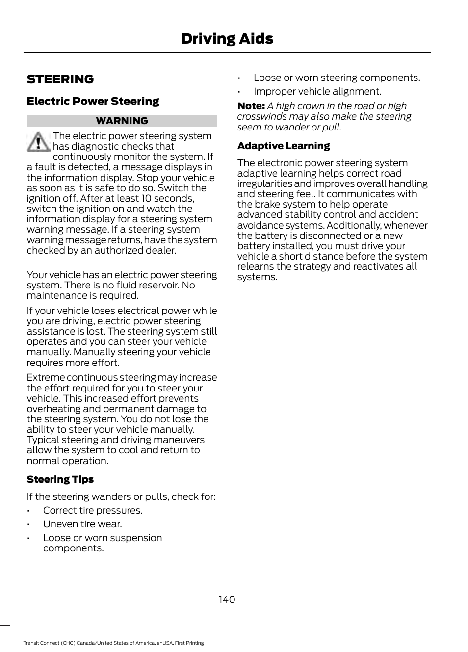 Driving aids, Steering | FORD 2015 Transit Connect User Manual | Page 143 / 428