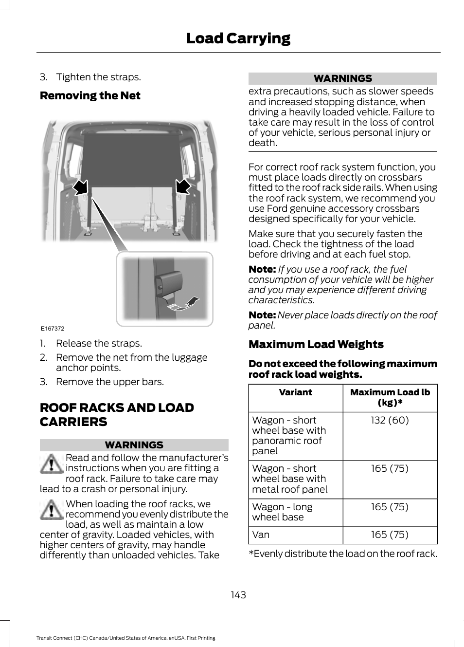 Roof racks and load carriers, Load carrying | FORD 2015 Transit Connect User Manual | Page 146 / 428