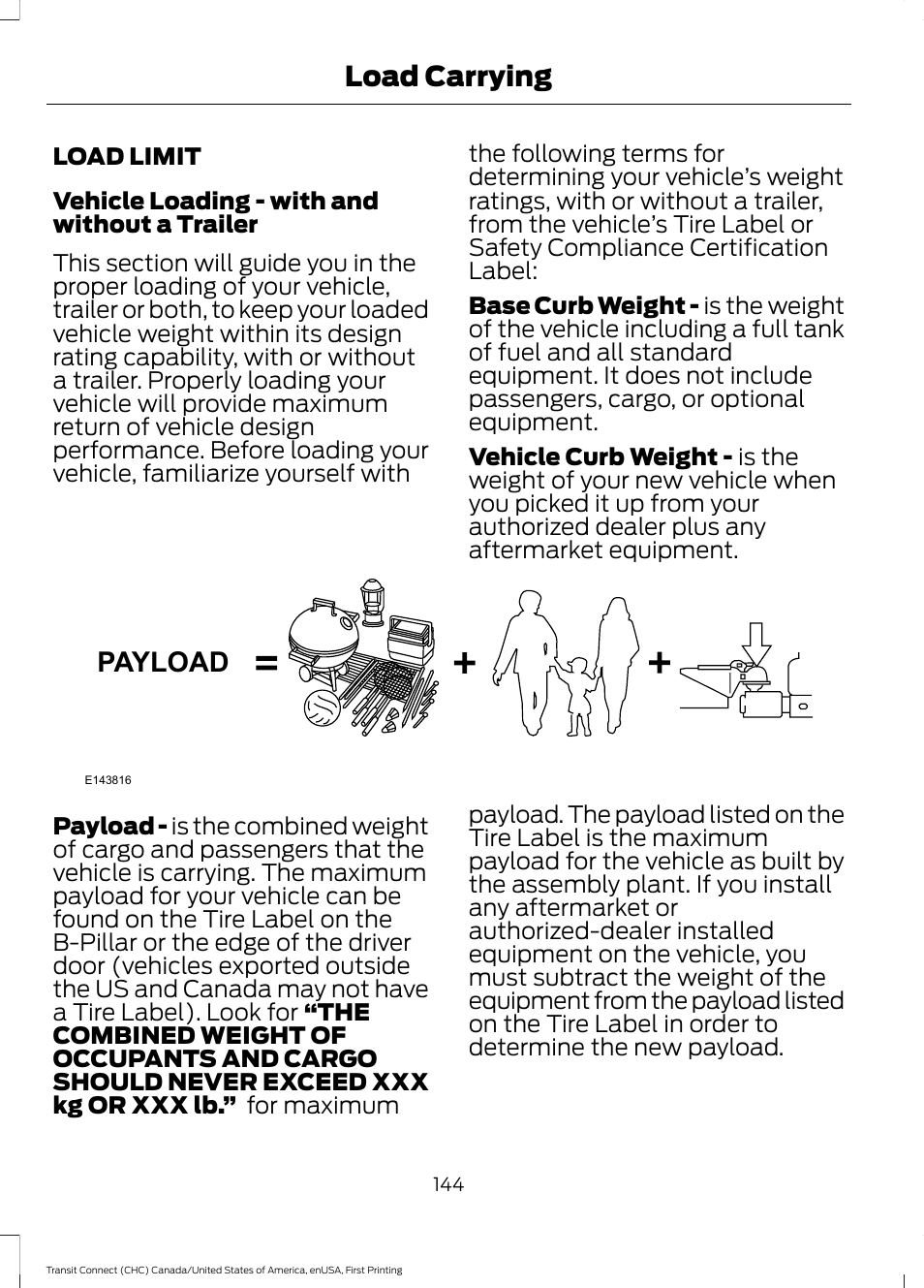 Load limit, Payload, Load carrying | FORD 2015 Transit Connect User Manual | Page 147 / 428