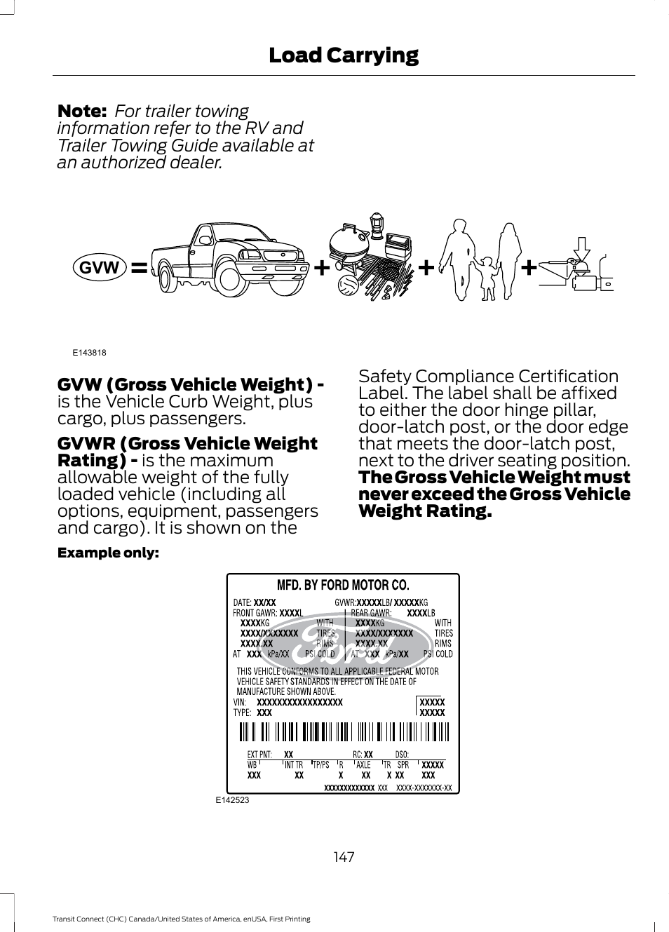 Load carrying | FORD 2015 Transit Connect User Manual | Page 150 / 428