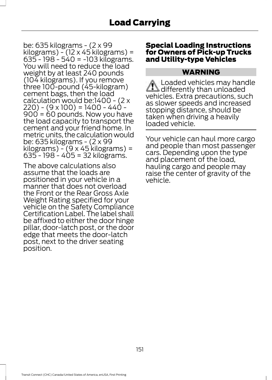 Load carrying | FORD 2015 Transit Connect User Manual | Page 154 / 428