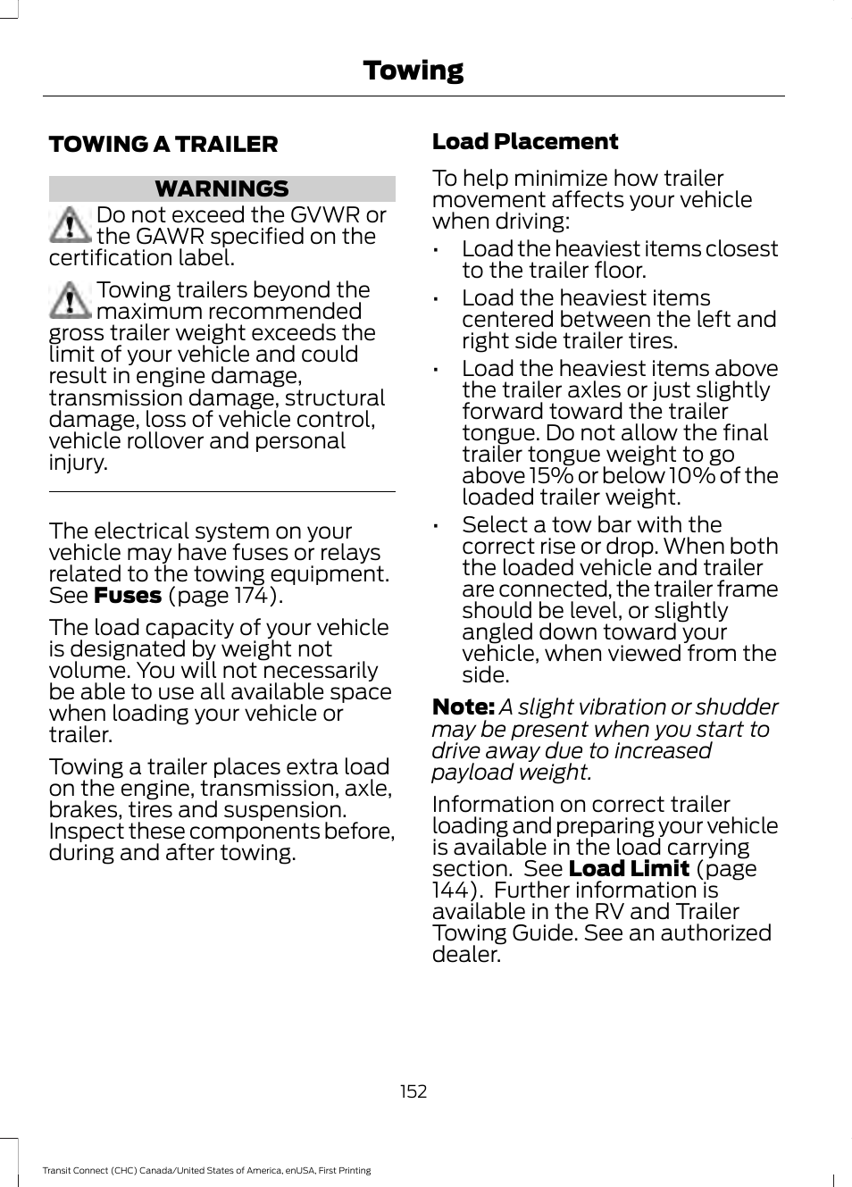 Towing, Towing a trailer | FORD 2015 Transit Connect User Manual | Page 155 / 428