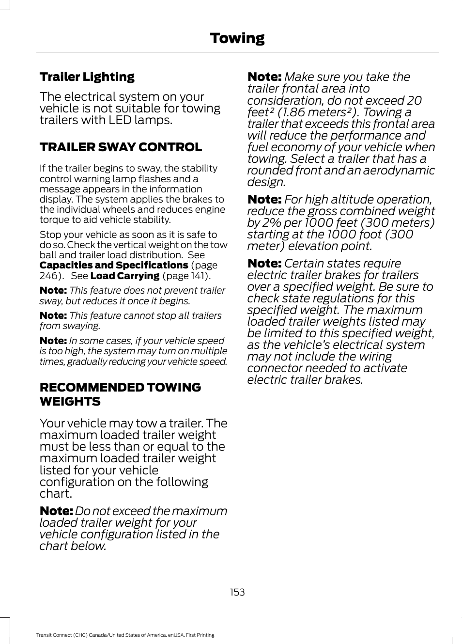 Trailer sway control, Recommended towing weights, Trailer sway control recommended towing weights | Towing | FORD 2015 Transit Connect User Manual | Page 156 / 428