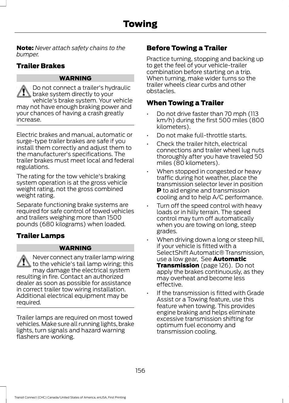 Towing | FORD 2015 Transit Connect User Manual | Page 159 / 428