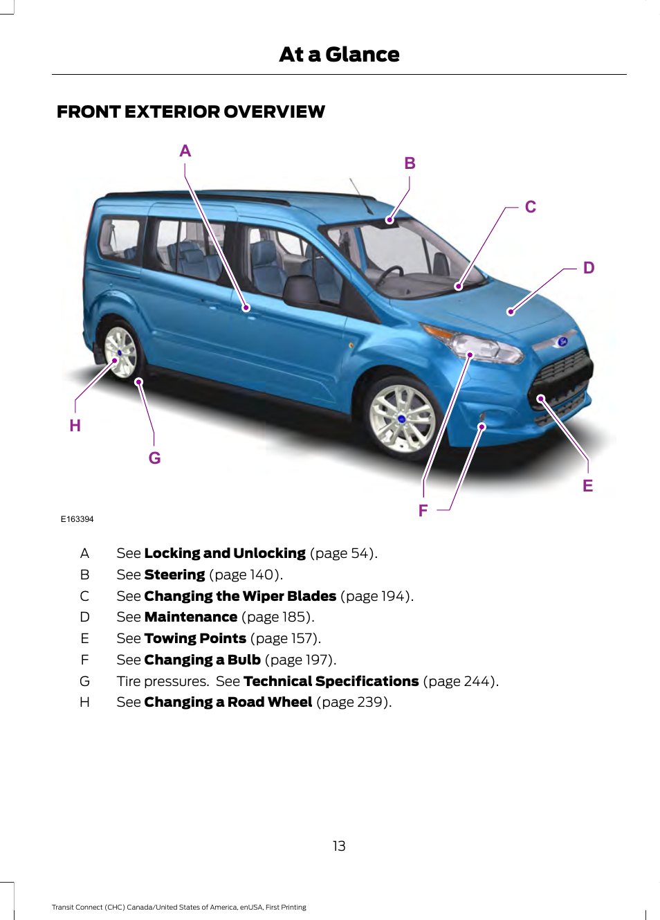 At a glance, Front exterior overview | FORD 2015 Transit Connect User Manual | Page 16 / 428