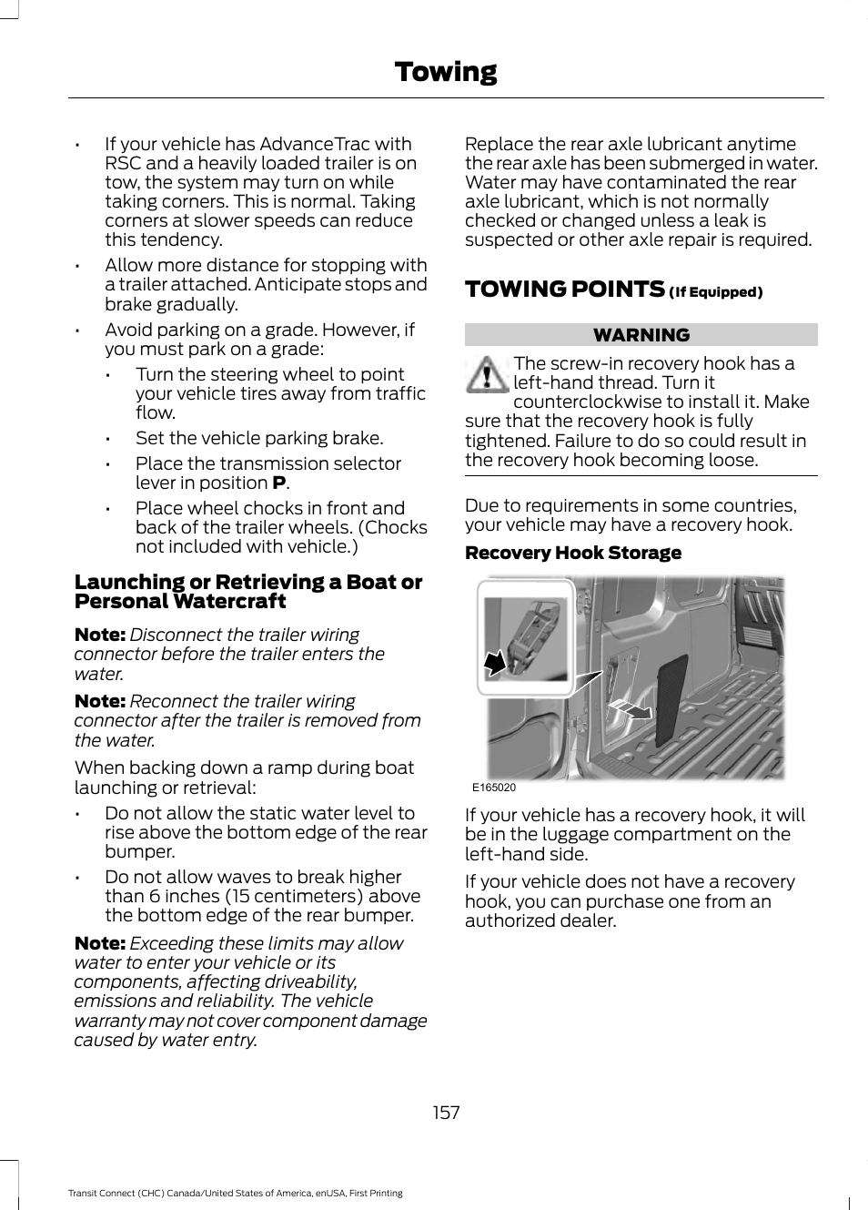 Towing points, Towing | FORD 2015 Transit Connect User Manual | Page 160 / 428