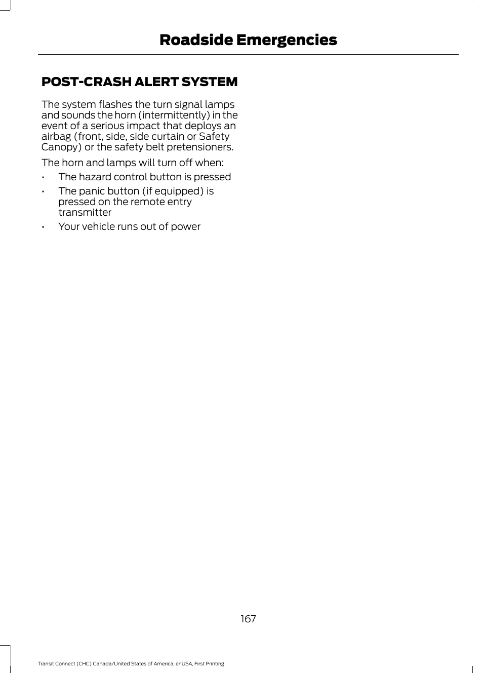 Post-crash alert system, Roadside emergencies | FORD 2015 Transit Connect User Manual | Page 170 / 428