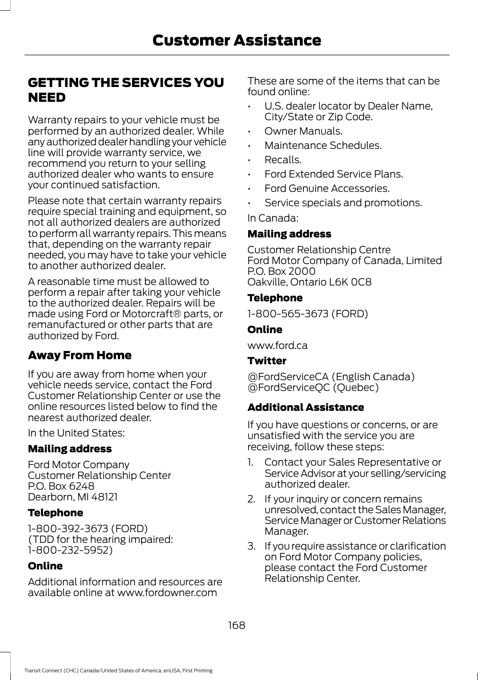 Customer assistance, Getting the services you need | FORD 2015 Transit Connect User Manual | Page 171 / 428