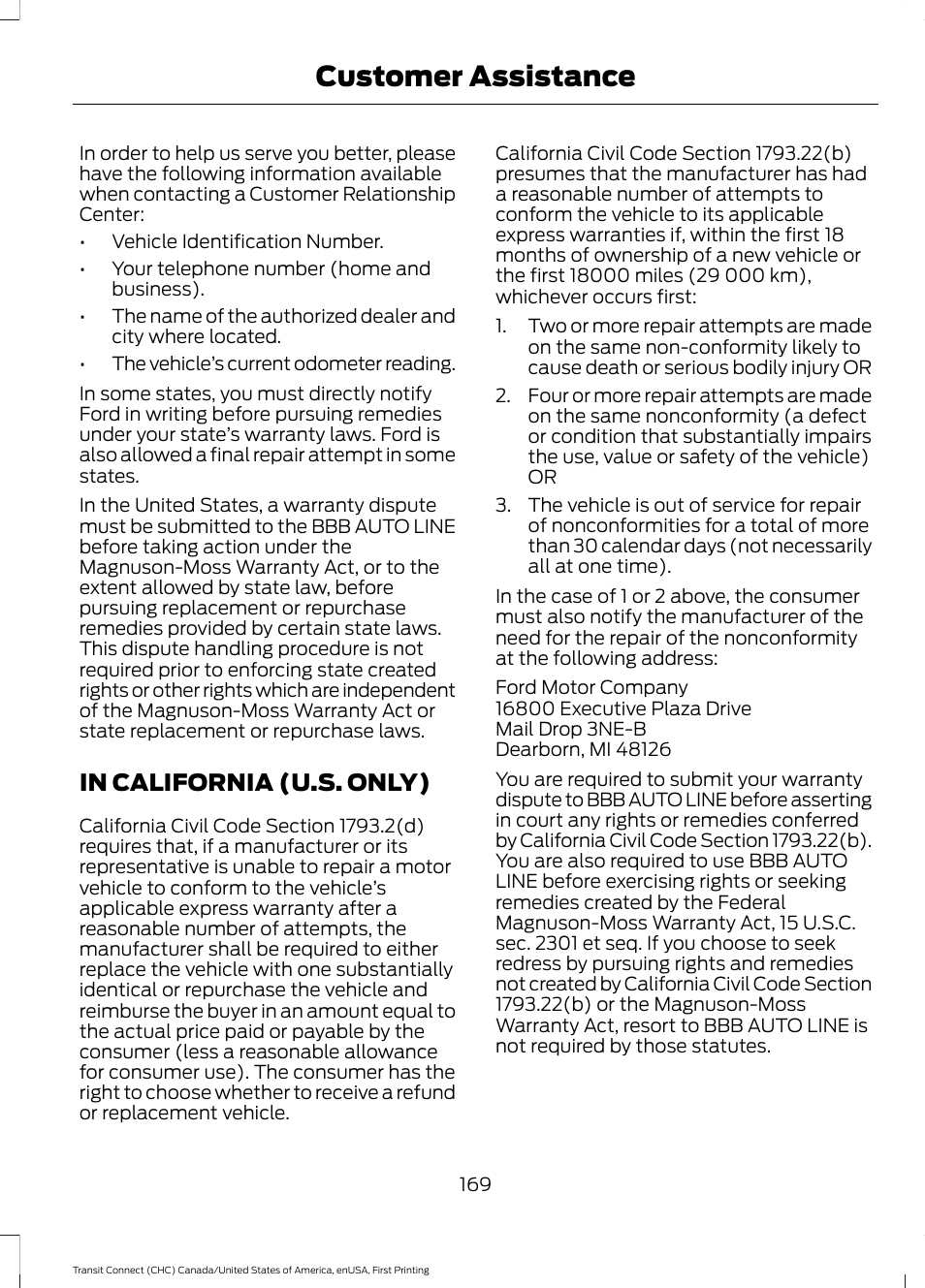 In california (u.s. only), Customer assistance | FORD 2015 Transit Connect User Manual | Page 172 / 428