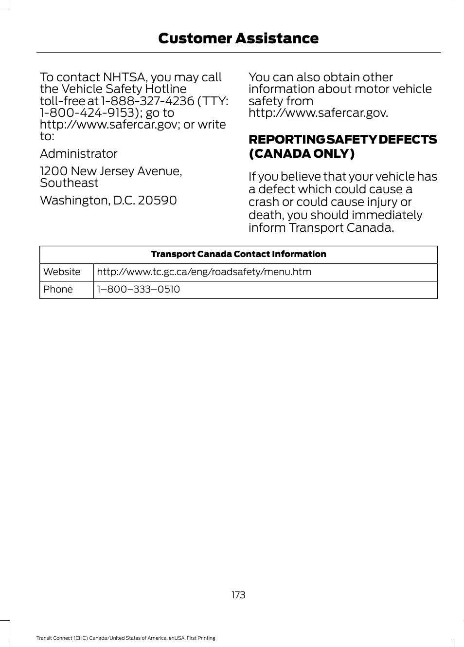 Reporting safety defects (canada only), Reporting safety defects (canada, Only) | Customer assistance | FORD 2015 Transit Connect User Manual | Page 176 / 428