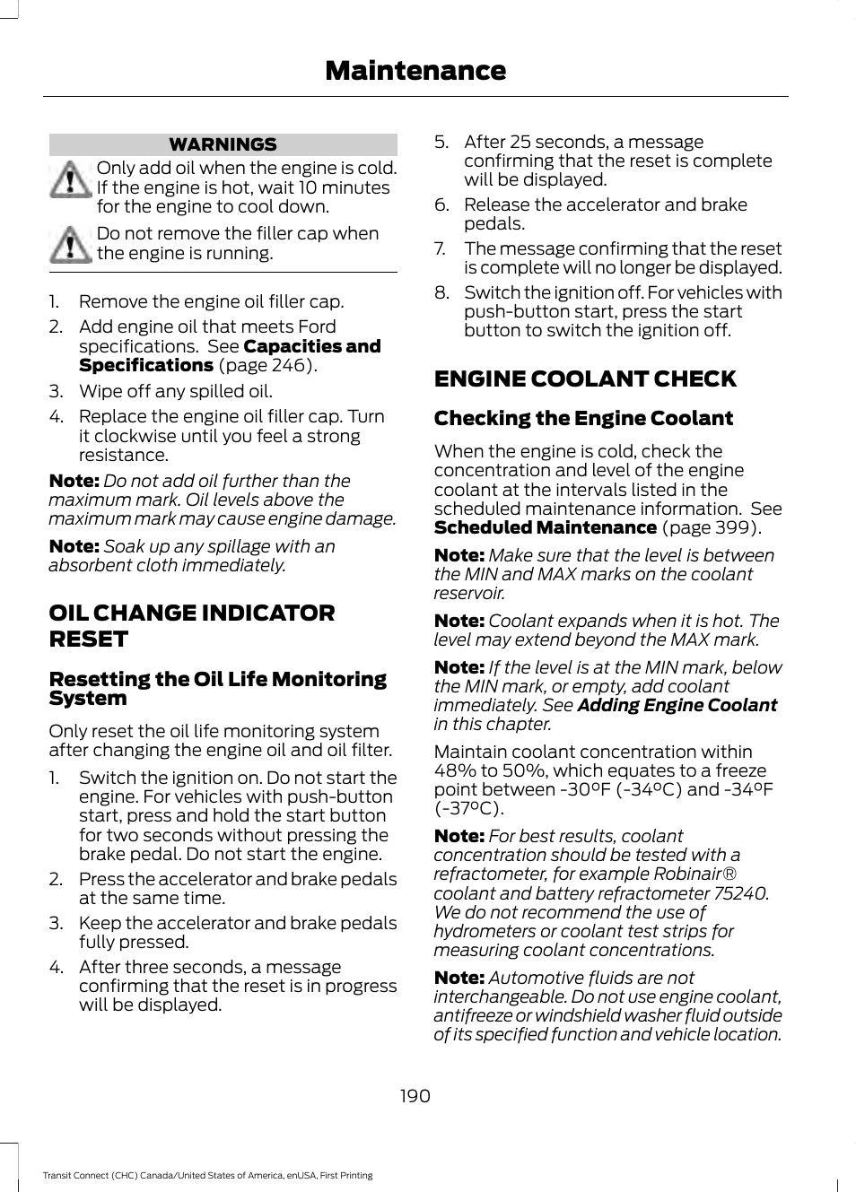 Oil change indicator reset, Engine coolant check, Oil change indicator reset engine coolant check | Maintenance | FORD 2015 Transit Connect User Manual | Page 193 / 428