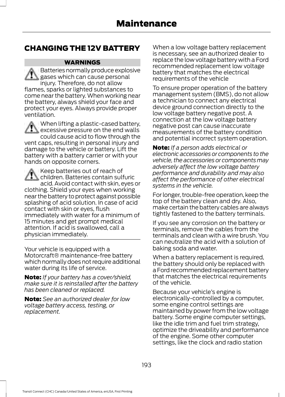 Changing the 12v battery, Maintenance | FORD 2015 Transit Connect User Manual | Page 196 / 428