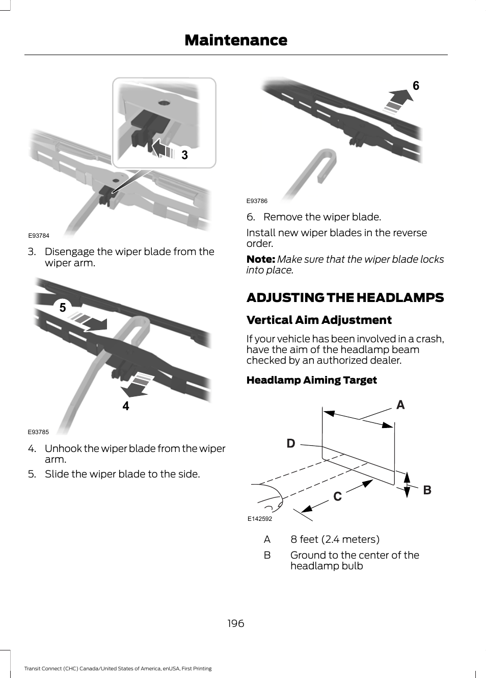 Adjusting the headlamps, Maintenance | FORD 2015 Transit Connect User Manual | Page 199 / 428