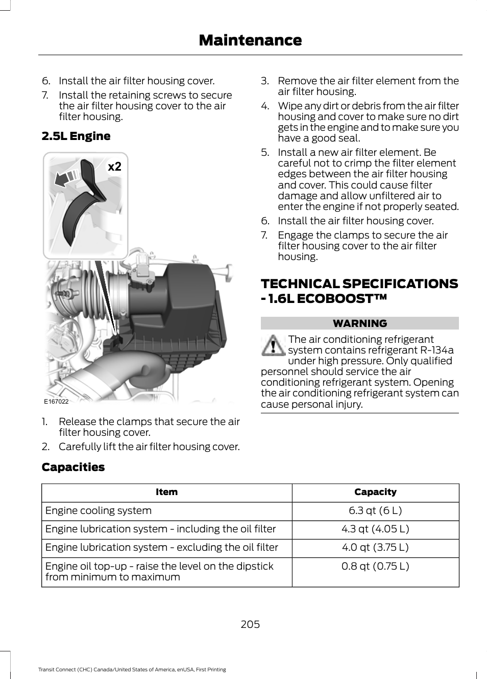 Technical specifications, Technical specifications - 1.6l, Ecoboost | Maintenance, Technical specifications - 1.6l ecoboost | FORD 2015 Transit Connect User Manual | Page 208 / 428