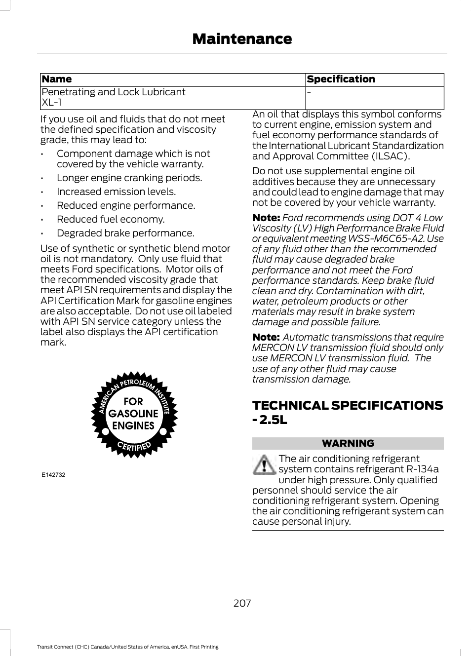 Technical specifications, Technical specifications - 2.5l, Maintenance | FORD 2015 Transit Connect User Manual | Page 210 / 428